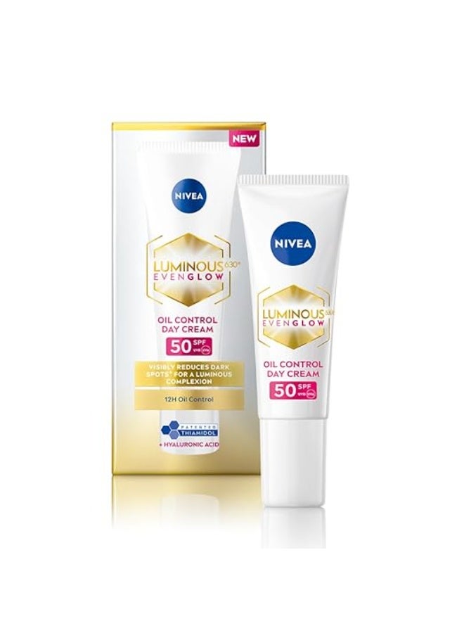 NIVEA Luminous Even Glow Oil Control Day Cream10ml  for face |SPF 50 with UV protection & UVA UVB filters | Thiamidol, Hyaluronic Acid, Vitamin E for Dark Spots Reduction & Deep Moisturization - Image 1